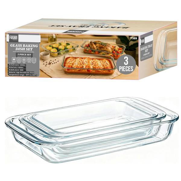 Fusion Food Glass Baking Dish 3 Piece Set - 1000ml/1600ml/2200ml Borosilicate Glass Casserole Dishes for Oven, Freezer, Microwave & Dishwasher Safe