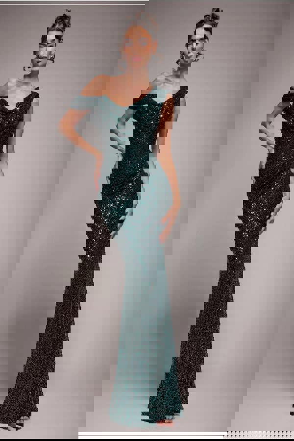 Sequin Cowl One Shoulder Maxi Dress - Emerald Green DR4020