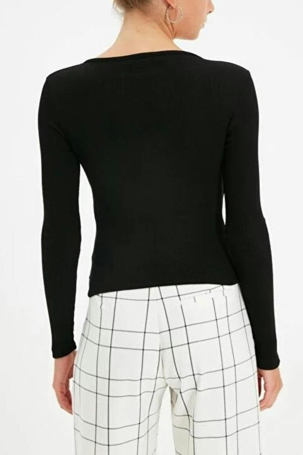 WOVCOR Double Breasted Collar Long Sleeve Ribbed Knit Blouse
