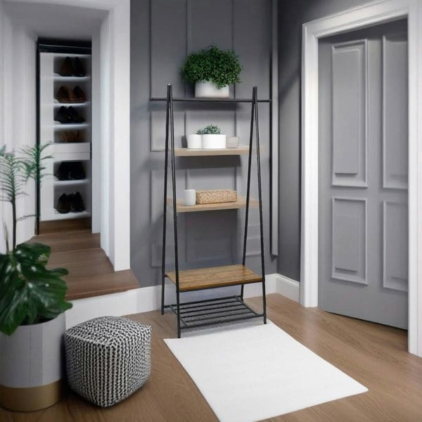 Modcraft Industrial Coat Rack with Shoe Storage – Freestanding Clothes Stand with Hat Hooks