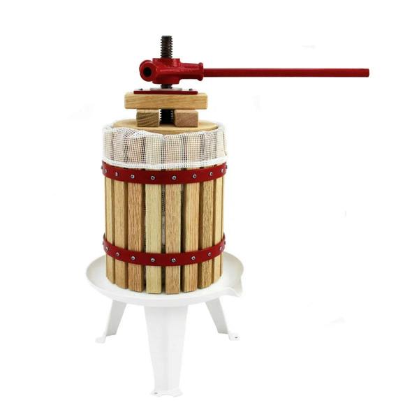 KuKoo fruit crusher with a wooden barrel, red metal press handle, and white base, designed for efficient fruit pressing and juicing