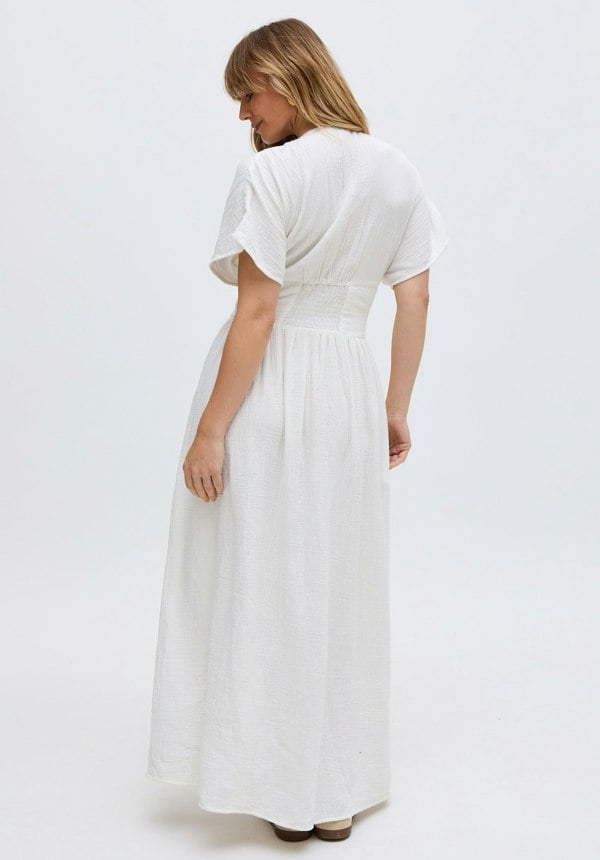 Sally Ann Button Down Embroidery Maxi Dress In White
