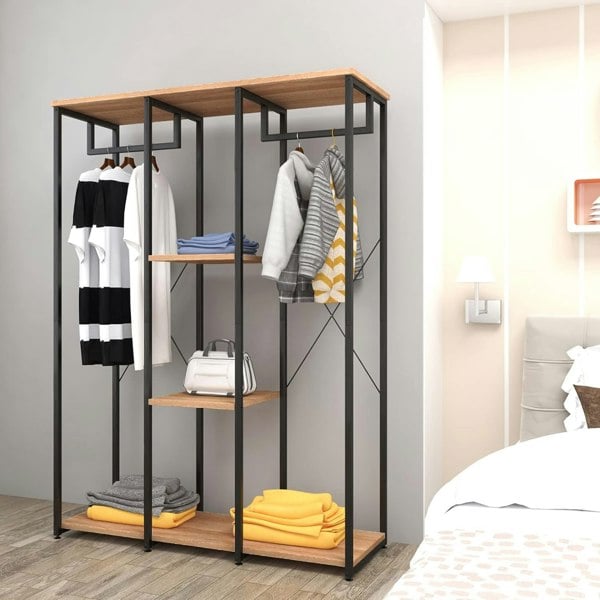 Rafaelo Mobilia Industrial Metal Open Wardrobe With Wooden Shelves