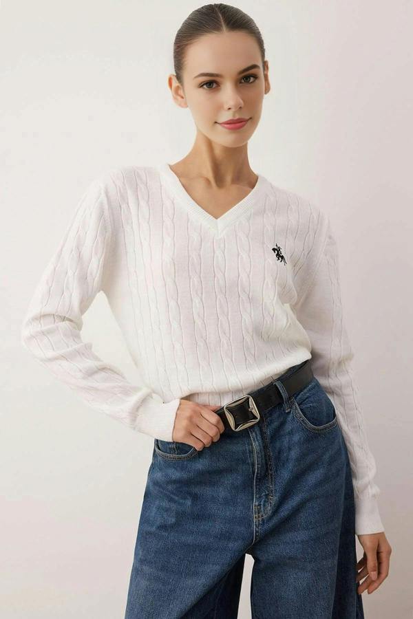 WOVCOR Horse Embroidered V-Neck Cable Knit Sweater