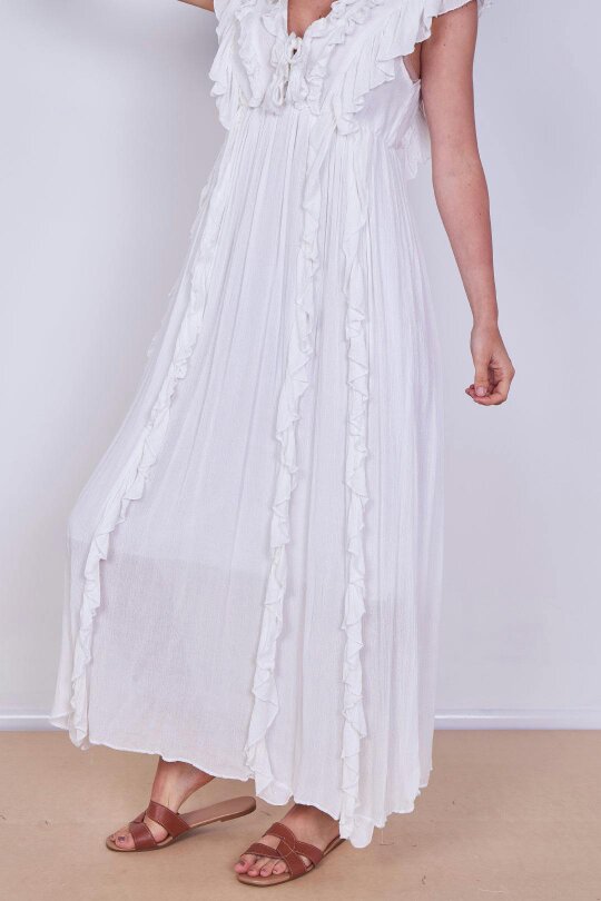 Elaina Fashion Boho Ruffle Detail Maxi Dress with Tie Neck – One Size (UK 8–14)
