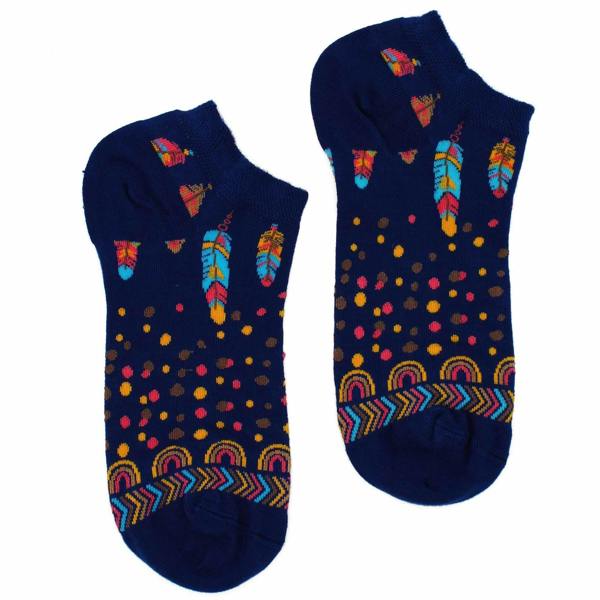 Navy low-cut bamboo socks with rainbow, feather, and dot pattern