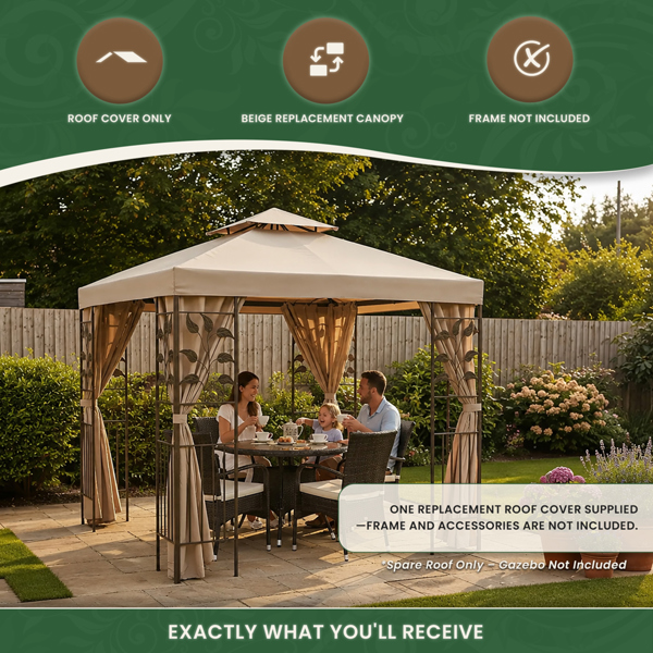 The Garden Marketplace Spare Roof Cover for 2.5m Square Leaf Design Garden Gazebo, Beige 180g Fade-Resistant Polyester Canopy with Wind Vent
