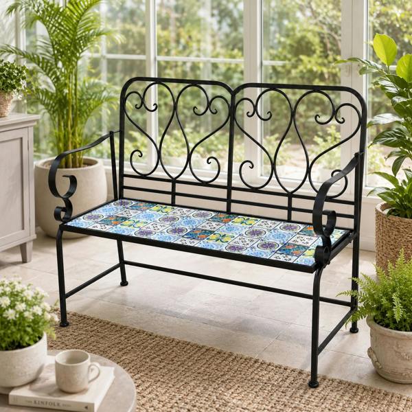 Lisbon Mosaic 2 Seater Garden Bench, 112cm Outdoor Patio Seat with Ceramic Tile Seat, Scrollwork Backrest & Metal Frame image 4