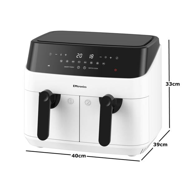 EMtronics Double Basket Air Fryer 9 Litre with 99 Minute Timer - White