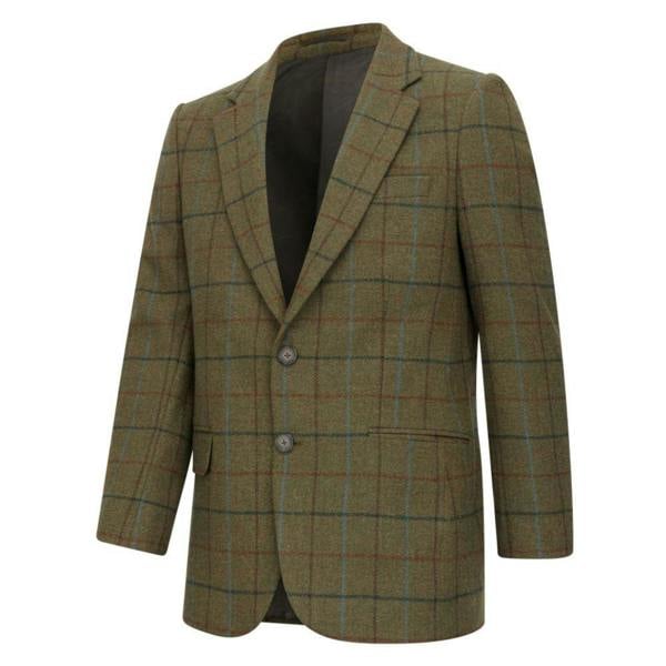 Front view of Hoggs of Fife Kingussie Tweed Sports Jacket in olive check wool blend tweed with two-button fastening