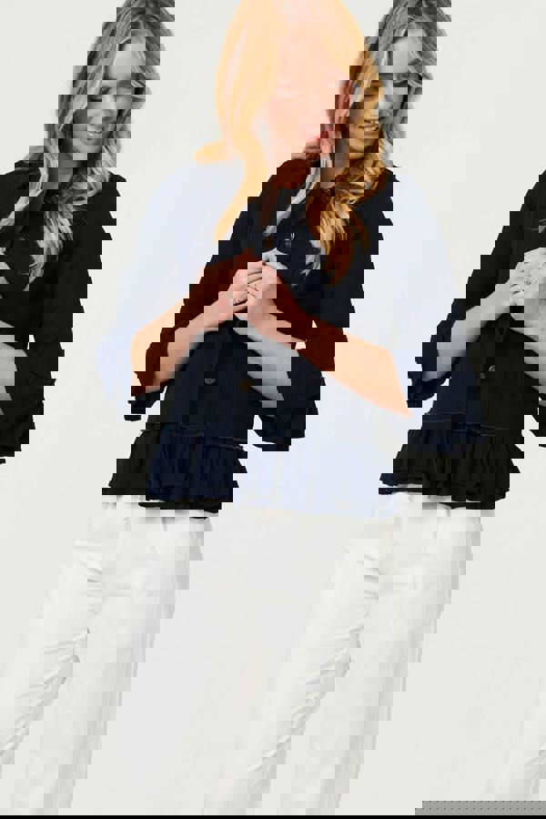 Navy | Frilled Hem 3/4 Flare Sleeve Shirt