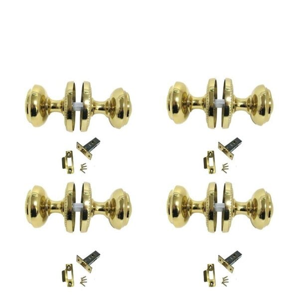 EDH Door Hardware Brass Plated Round Door Knob Set Including Tubular Latch - Georgian Style Sprung Internal & External Door Knobs