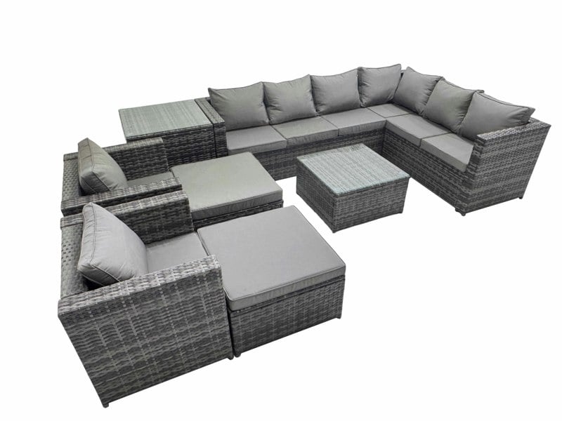 Fimous Outdoor PE Rattan Garden Furniture Sofa Set with Square Coffee Table 2 Big Stools Side Table Dark Grey
