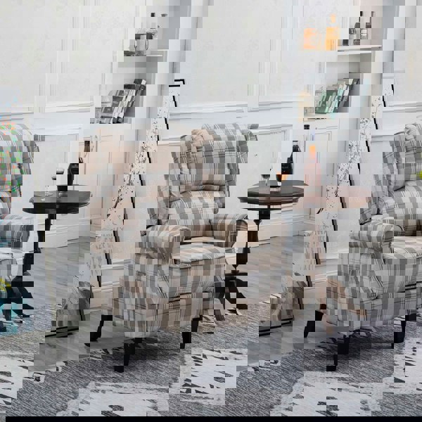 SQUAREBOXX Estonia Pushback Recliner Armchair in Beige Tartan