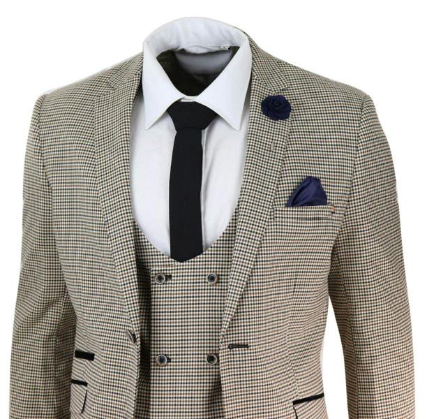 House of Cavani Mens 3 Piece Beige Check Retro Vintage Classic Suit