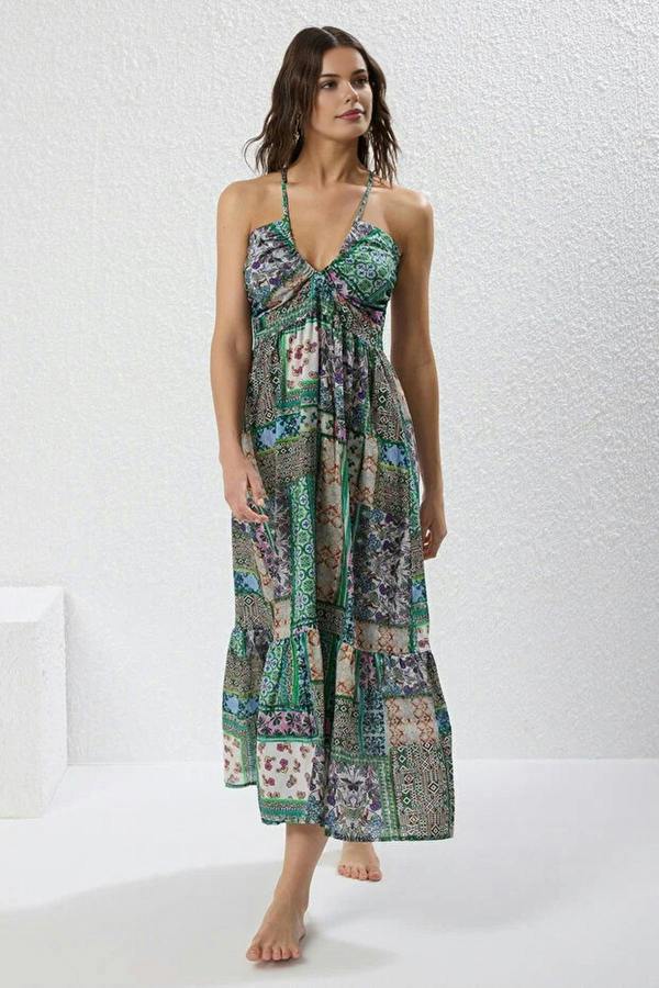 WOVCOR Ethnic Patterned Woven Cut-out 100% Cotton Maxi Beach Dress
