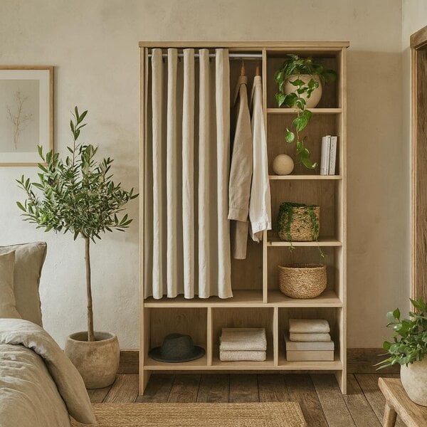 Wyld Haus Uppsala Open Wardrobe Unit in Jackson Hickory Oak with a Beige Textile Curtain