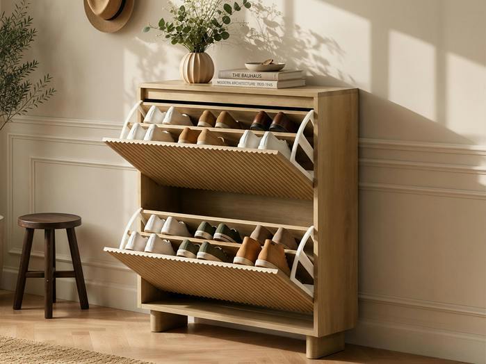 SOLACE+CO Velmor Slim Ribbed 2 Drawer Tilt Out Shoe Cabinet -Oak