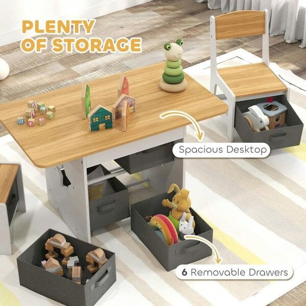 Bobobiy Kids Table and Chair Set, Toddler Table and 2 Chairs Set with 6 Removable Drawers, for Boys Girls Ages 3-8, Natural