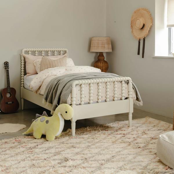 Cromwell Wooden Bed Frame with Bobbin Design Headboard and Foot End - Linen Cream