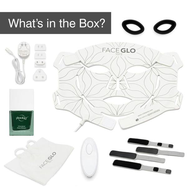 A photo shows the Rio FaceGLO with Photology Chlorophyll Light Masque kit, including a patterned LED mask, power adapter with global plugs, two black silicone bands, remote, brushes, storage pouch, user guide, and serum bottle.