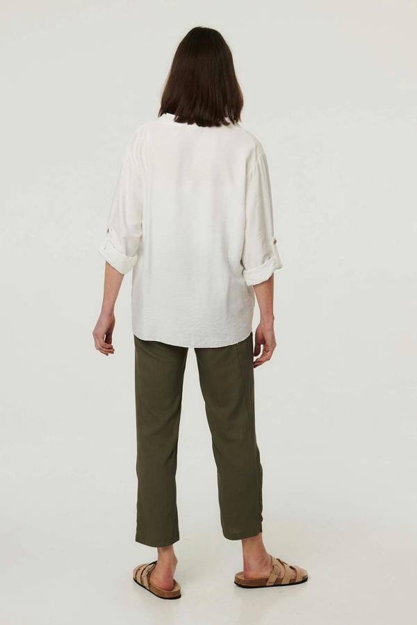 White | Relaxed Turn-Up Sleeve Curve Hem Blouse