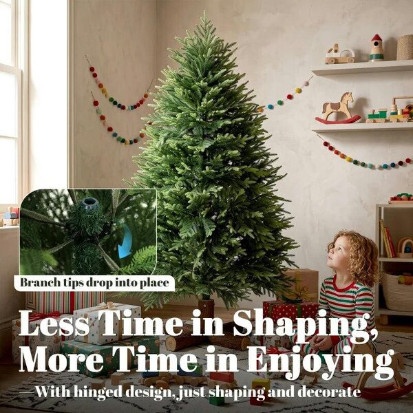 5ft Artificial Christmas Tree, Hinged Xmas Tree with Realistic 513 PE & PVC Branch Tips, Fir Wood Base, Green
