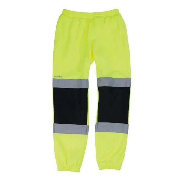 Scruffs High Visibility Mens Hi Vis Trade Workwear Trade Joggers, bright yellow high visibility work trousers with reflective gray and black patches for safety.