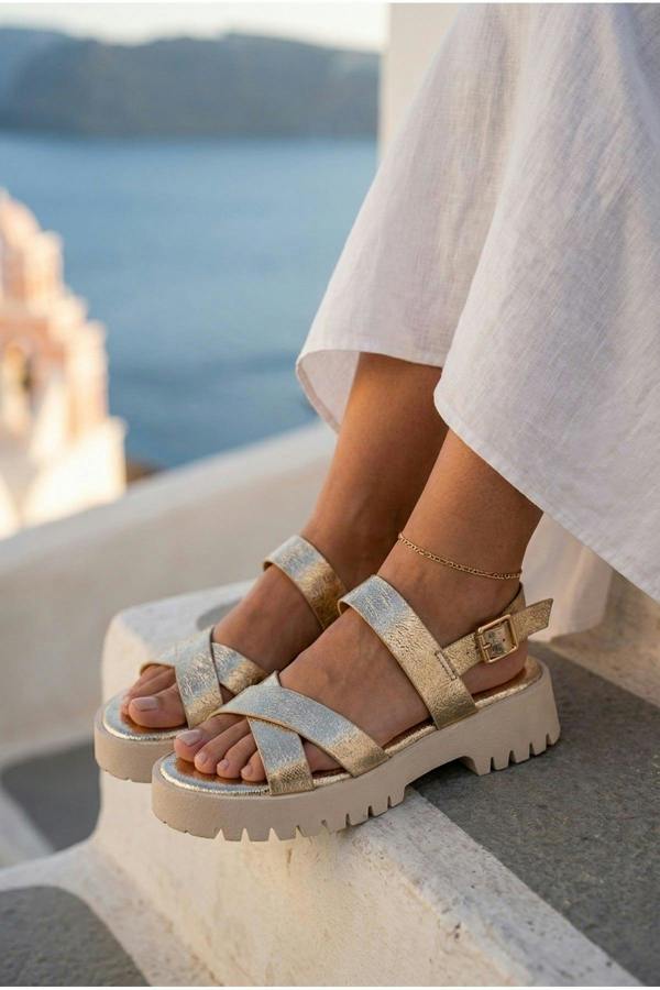 Edie Chunky Sole Crossover Strap Sandals - Gold