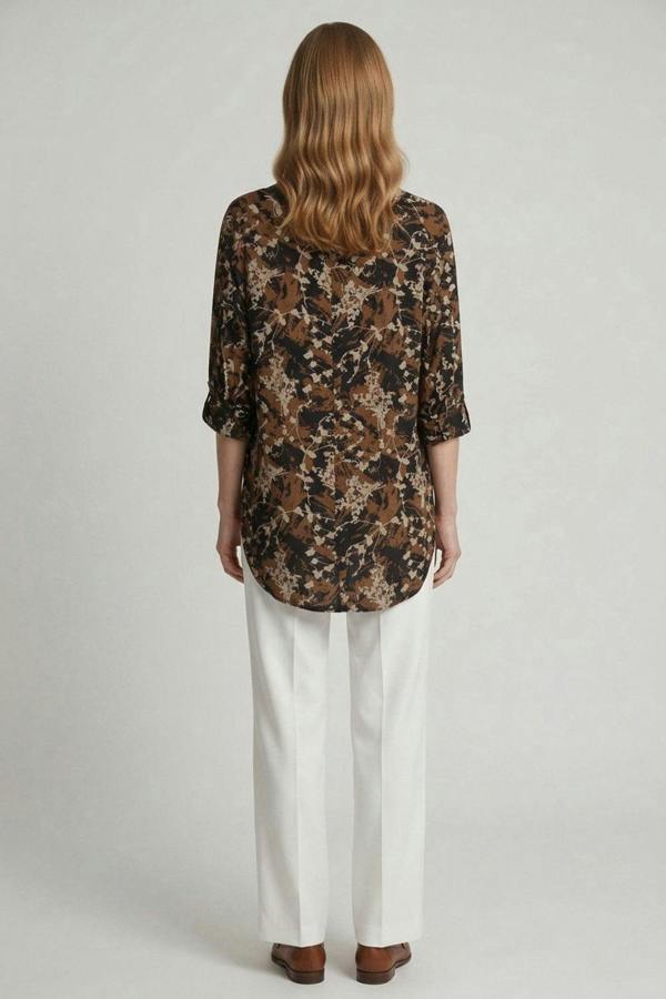 Navy | Printed V-Neck 3/4 Sleeve Relaxed Blouse