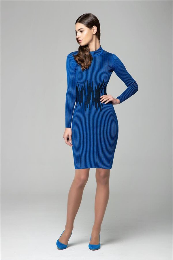 Tara blue two-tone ribbed knit dress with waist defining detail