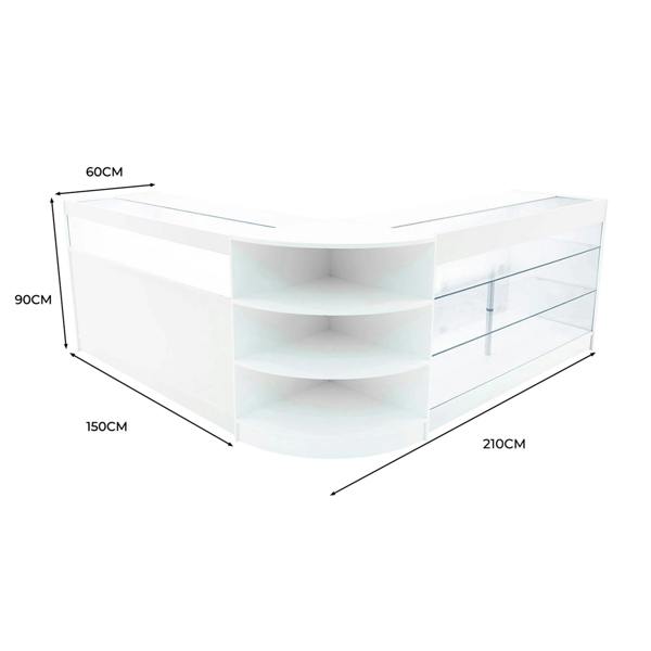 Demeter LED Shop Counter Set in white, featuring sleek design, curved edges, glass shelves, and ample storage space, dimensions 210x150x90 cm