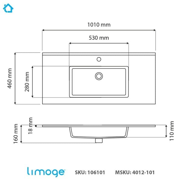 Limoge 4012 Ceramic 101cm Thin-Edge Inset Basin with Rectangular Bowl