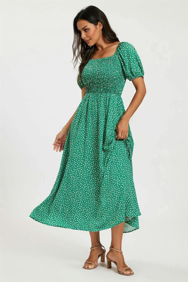FS Collection Floral Print Short Sleeve Midi Dress In Green