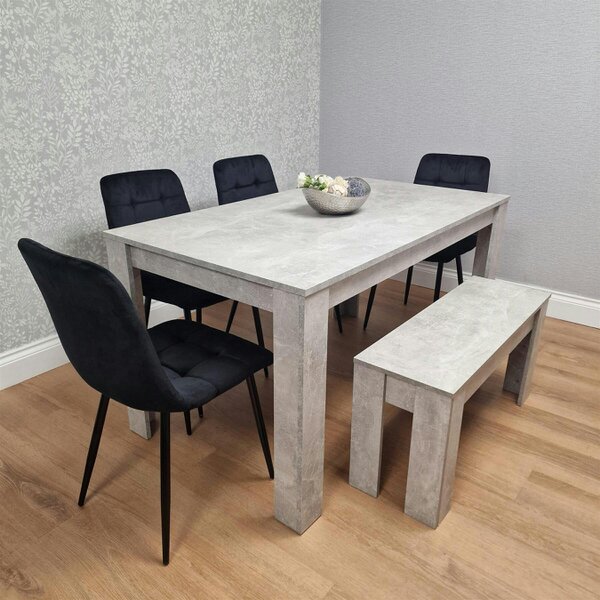 Kosy Koala Wooden Grey Dining Table Set with 4 Grey Velvet Chairs and 1 Grey Bench - Dining Room Furniture - Table + 4 black chairs + stone grey benche