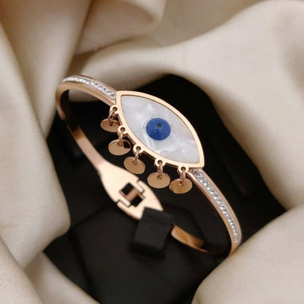 The Colourful Aura Evil Eye White Enamel Sequin Dangle 18ct Plated Rose Gold Arm Bangle