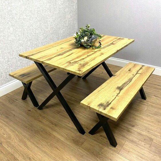 Kosy Koala Modern Dining Table and 2 Benches Set  Wooden Effect Dining Table Set - Dining Room Furniture