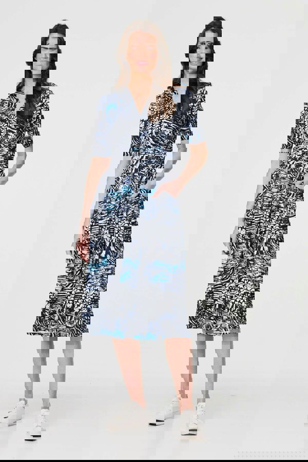 Navy | Abstract Ruched 1/2 Sleeve Midi Dress
