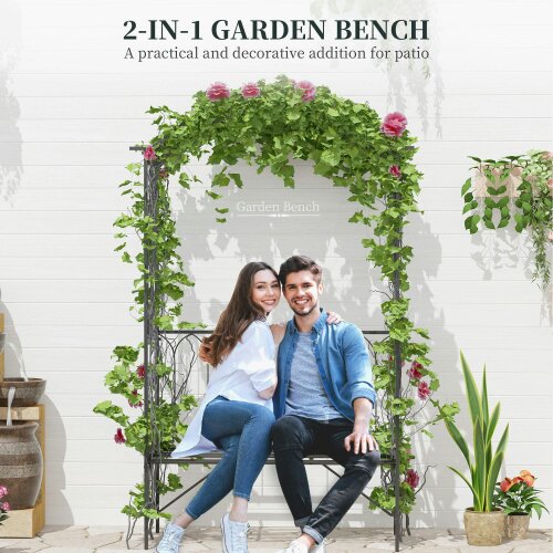 Wyld Haus Moretta Metal Black Garden Bench With Arched Trellis Frame For Climbing Plants 115 x 50 x 203 cm