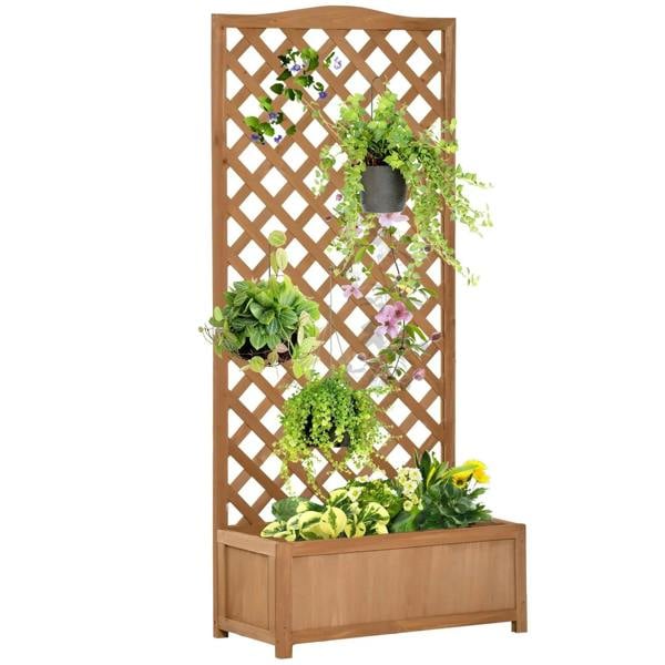 Brown wooden raised planter box with diamond lattice trellis for climbing plants