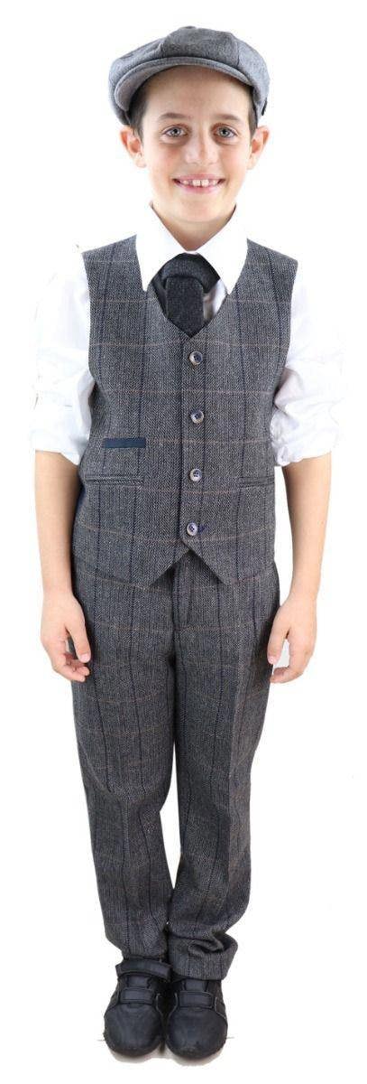 House of Cavani Boys 3 Piece Charcoal Grey Herringbone Tweed Check Classic  Suit