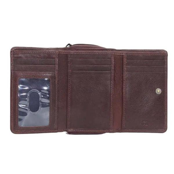 womens rfid veg tan leather trifold purse brown inside view
