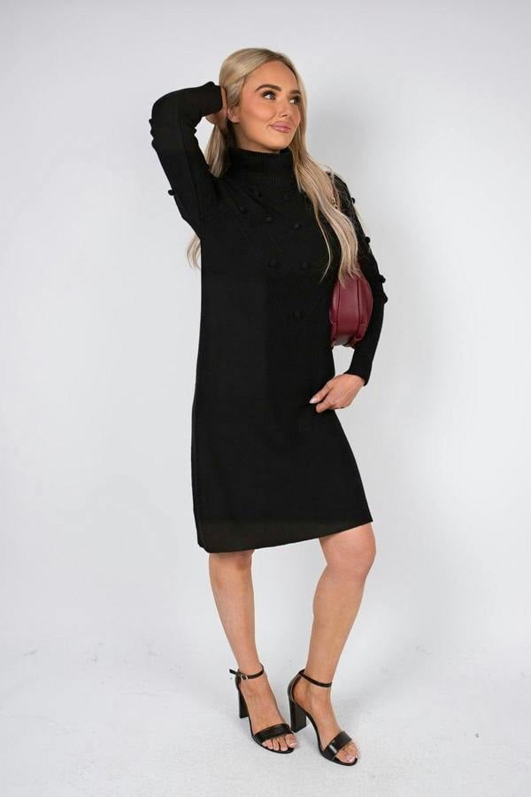 Ivanya High Neck Long Sleeve Knitted Jumper Dress With Bobble Detail - Grey