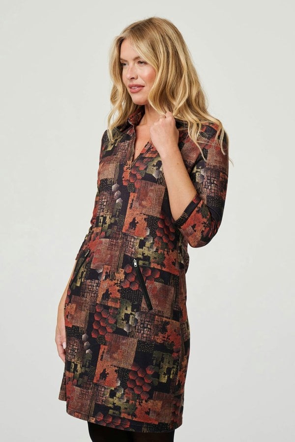 Brown | Printed 3/4 Sleeve Collared Short Dress
