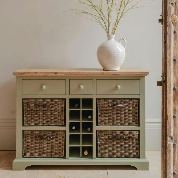 Statement Furniture Florence Wooden Sideboard with Wine Rack, 3 Drawers and Storage Baskets