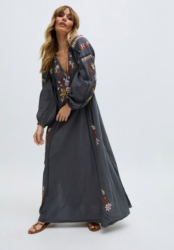 Elisa Kaftan Style Embroidered Maxi Dress In Grey
