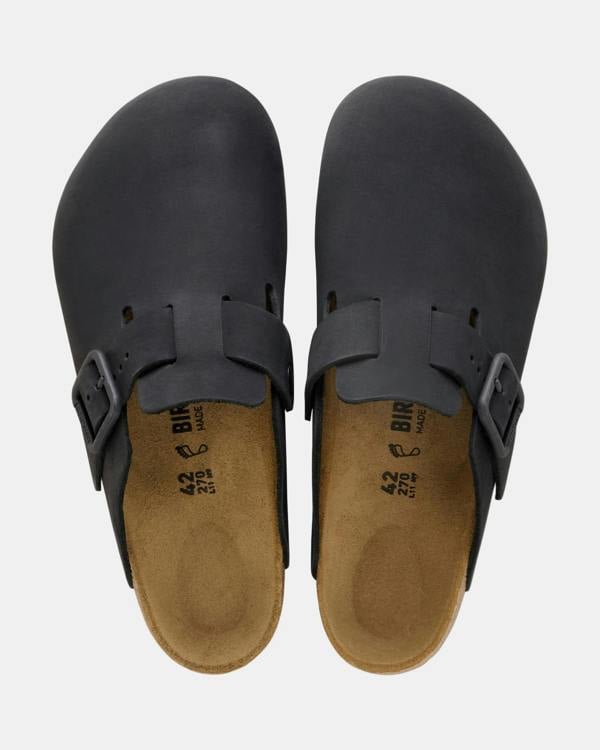 Birkenstock Boston Wire Buckle Nubuck Leather Womens Clogs - Black | CHO | Designer Womens Clogs