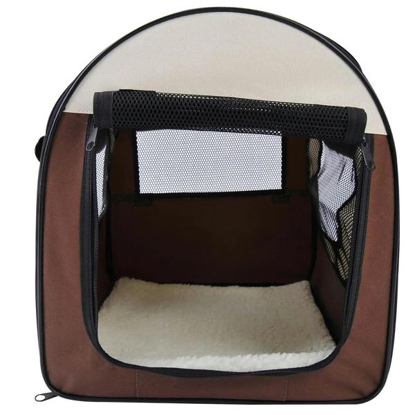 Brown folding fabric pet crate with open mesh front and soft cushioned floor