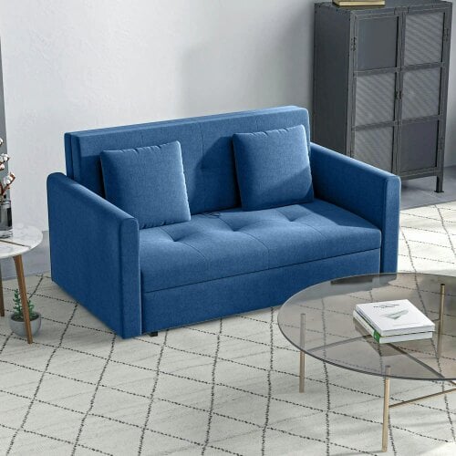 Bobobiy 2 Seater Sofa Bed with Hidden Storage, Pull Out Convertible Bed Settee, Modern Snow Flannel Loveseat Sofa Sleeper with 2 Cushions, Deep Blue