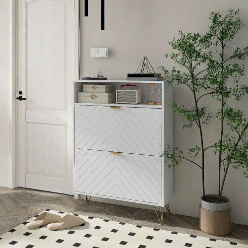 Wyld Haus Notafa Wooden White Chevron Cabinet With Gold Accents For 12 Pairs